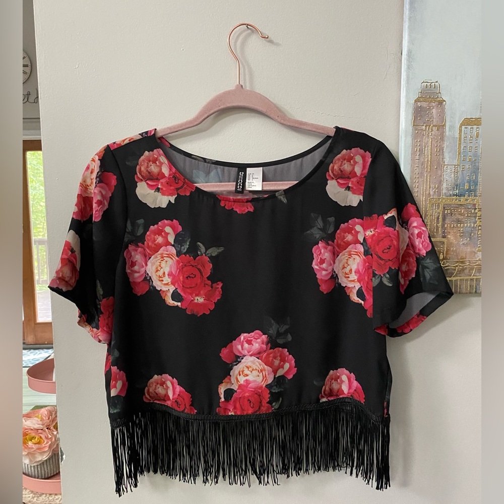 H&M boxy cropped floral and fringe shirt